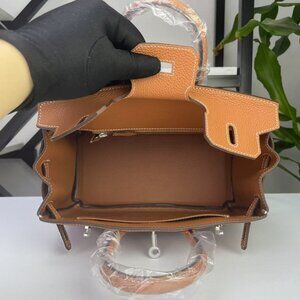 brown  25 Leather Touch Bag w/ Silver HW Lock Key Satchel